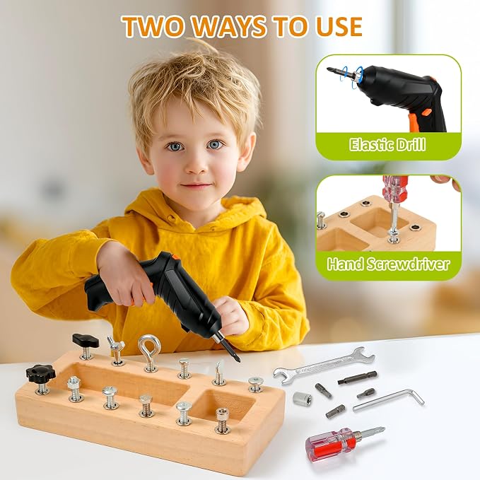 Montessori Screwdriver Board Set with Electric Drill, Wooden Montessori Busy Board Toys Screw Driver Activities Tools for 3 4 5 Year Old Kids, Sensory Learning STEM Fine Motor Skills Toys for Boys