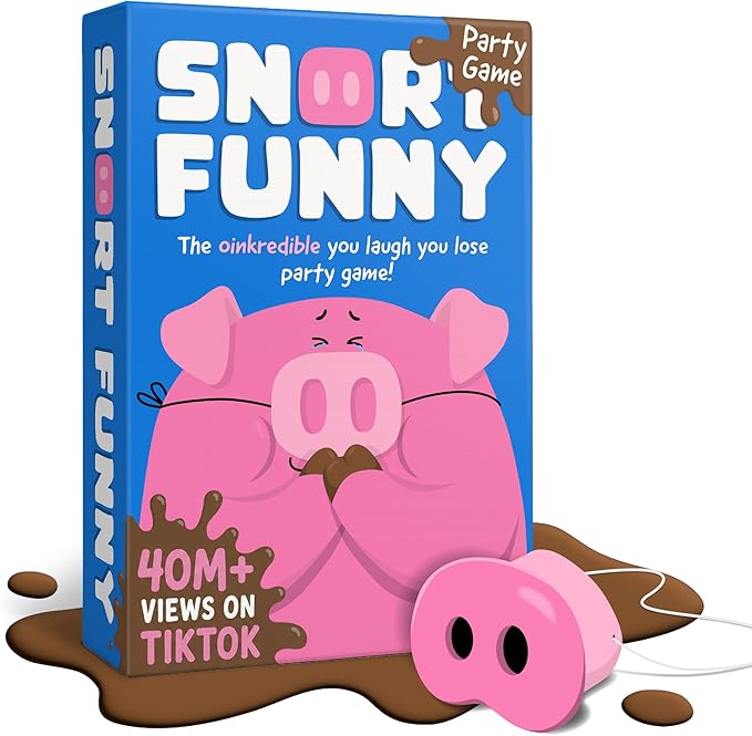 Snort Funny – The Oinkredible You Laugh You Lose Party Game, Family Games for Kids and Adults w/ 150 Challenge Cards, 5 Pig Snouts & Mud Tokens, Funny Games for Friend & Family, 4-8 Players, Ages 8+