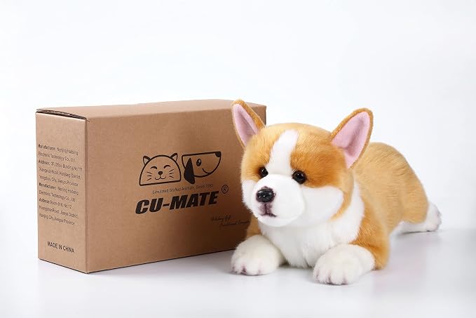 CU-MATE 16" Welsh Corgi Pembroke Stuffed Dog Animal Simulation-Realistic & Lifelike Soft Handmade Lying Dog Plush Toy Puppy -Present Gift for Boys and Girls