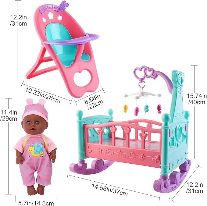 deAO 12” Black Baby Doll Play Set with Crib, Mobile, High Chair Feeding Accessories, Interactive Dolls for Girls Kids Pretend Play Baby Dolls 21 PCS