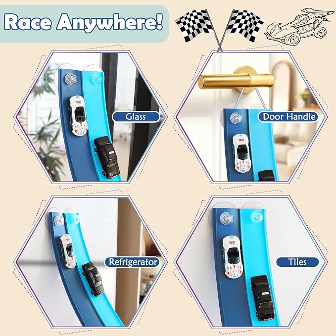 Flex Tracks 15 Ft Starter Set, Flexible Race Track for Kids 3+ with Strong Suction Cups, Flexible Car Track Race Car Ramp Track Compatible with 1/64 Diecast Cars, Portable Rolls Up Race Tracks
