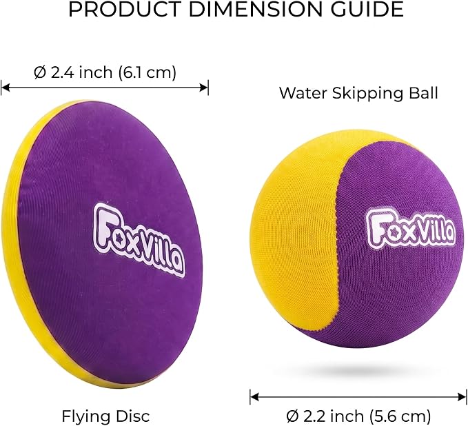 FoxVilla Water Skipping Ball Set - Includes 2 Water Bouncing Balls & 1 Flying Disc - Skips Across Water - Perfect Summer Pool, Beach, and Lake Toys for Kids (Ages 5+), Teens & Adults (Orange Purple)