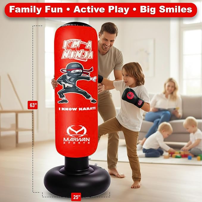 Marwan Sports Ninja Kids Punching Bag — Inflatable Sensory Toy & Birthday Gift for Boys & Girls Ages 4-12, 63" Freestanding 5-in-1 Kit, Indoor Apartment-Quiet Sensory-Friendly Active Play