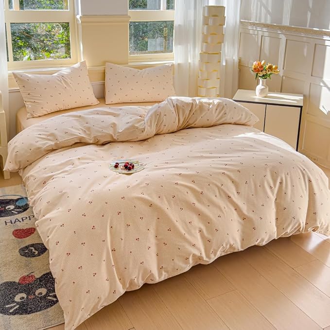 LIWHENHAO Cherry Duvet Cover Set Twin 100% Cotton Bedding Cartoon Red Cherries Ditsy Pattern on Beige 1 Cute Fruit Cottagecore Comforter Cover Zipper Closure 2 Pillowcases for Kids Girls Boys