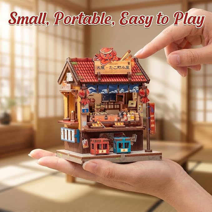 Cutefun DIY Miniature House Kit, 146 Pcs 3D Wooden Puzzle Tiny House Mini House Building Kit for Beginners & Teens – Palm-Sized DIY Japanese Booknook Dollhouse for Bookshelf Decor (Osaka Takoyaki)