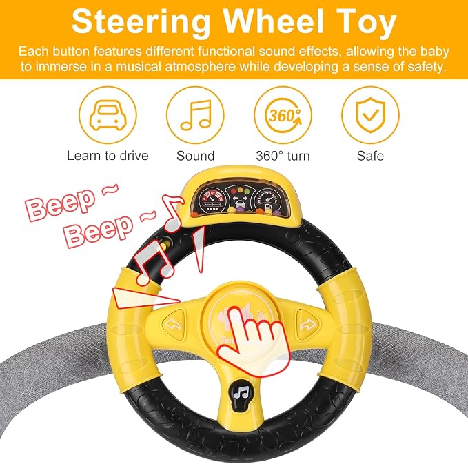 Accmor Stroller Steering Wheel Toy, Music Sound Simulated Steering Wheel for Stroller Shopping Carts Cart Universal Detachable Pretend Driving Funny Toy Attachment