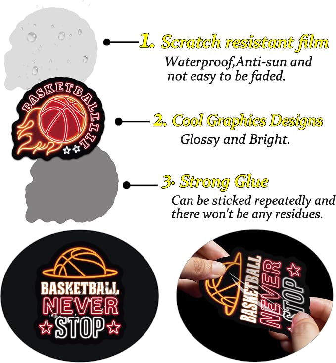 QTL Neon Basketball Stickers for Boys Teens, Basketball Party Supplies, Waterproof Vinyl Stickers for Water Bottles and Laptop, 50PCS