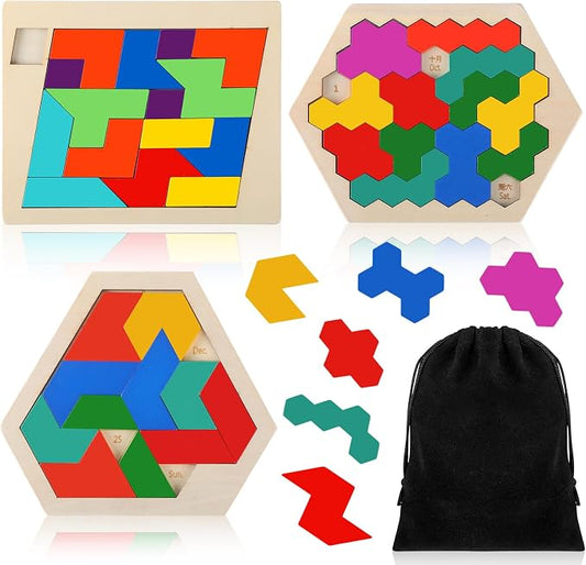 Yunsailing 3 Pack Large Wooden Blocks Puzzles Hexagon Tangram Puzzle Wooden Russian Brain Puzzles for Adult Challenge Teasers Geometric Jigsaw Logic Iq STEM Educational Gift Graduation(Multilateral)