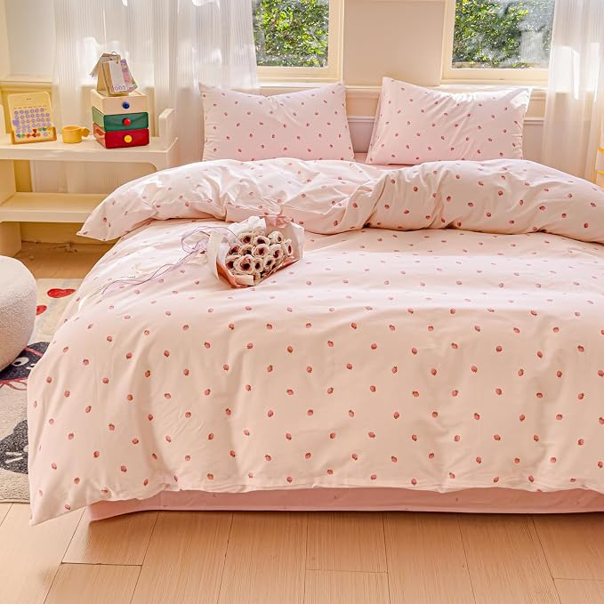 LIWHENHAO Duvet Cover Set Queen 100% Cotton Bedding Ditsy Red Strawberry Fruit Print 1 Pink Cottagecore Comforter Cover Full 2 Pillowcases for Kids Girls Boys Woman