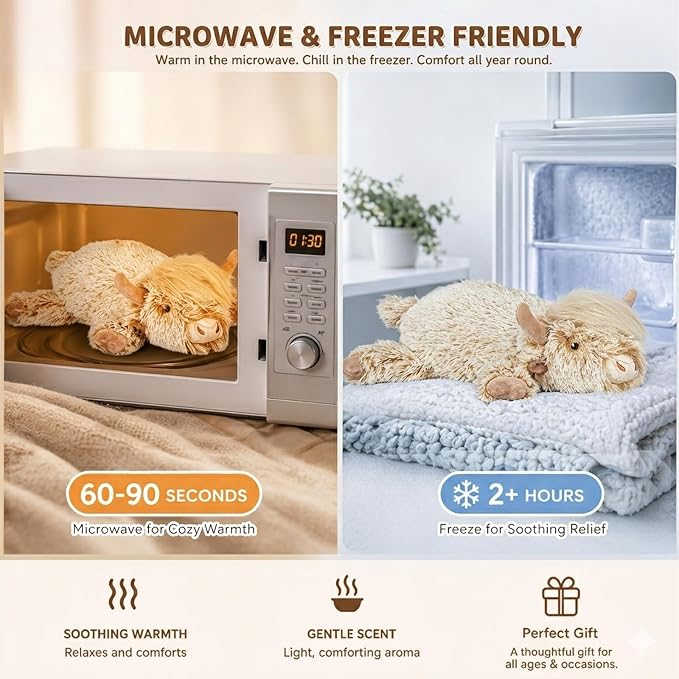 Microwavable Highland Cow Stuffed Animal, 1.4Lb Weighted Stuffed Animals Heating Pad with Lavender Scent, Cozy Warm Plush Toy for Kids,Girls,Women, Cute Soft Gift for Bedtime, Relax & Comfort