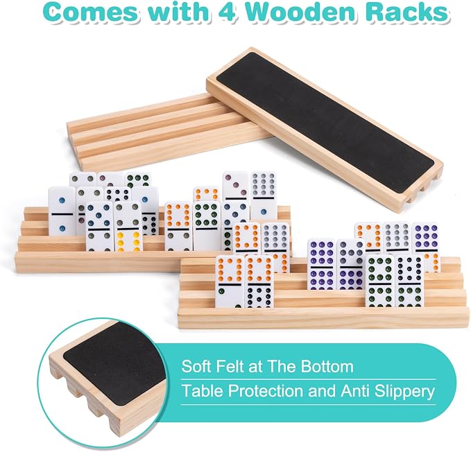 Mexican Train Dominoes Set with 4 Wooden Racks, Double 12 Dominos Game with 91 Dot Tiles, 9 Trains, Hub, Classic Family Board Game for Adults Kids, Travel,Party