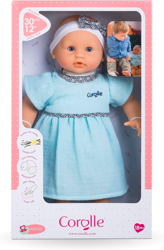 Corolle Bébé Calin Maud - 12" Soft Girl Baby Doll with Vanilla Scent, Blue Outfit & Sleeping Eyes for Girls Ages 18 Months+, Cute Reborn Realistic Baby Dolls for 2 Year Old Girls