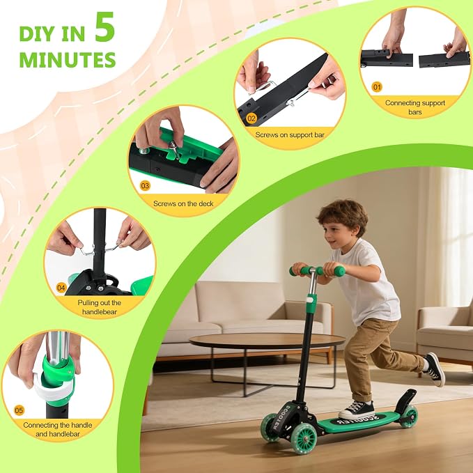 3 Wheel Scooters for Kids 2-5 5-7 Years, 4 Adjustable Heights Foldable Metal Toddler Scooter for Boys Girls Up to 120 lbs, Lean-to-Steer, Dual Rear Brake Widen Anti-Slip Deck