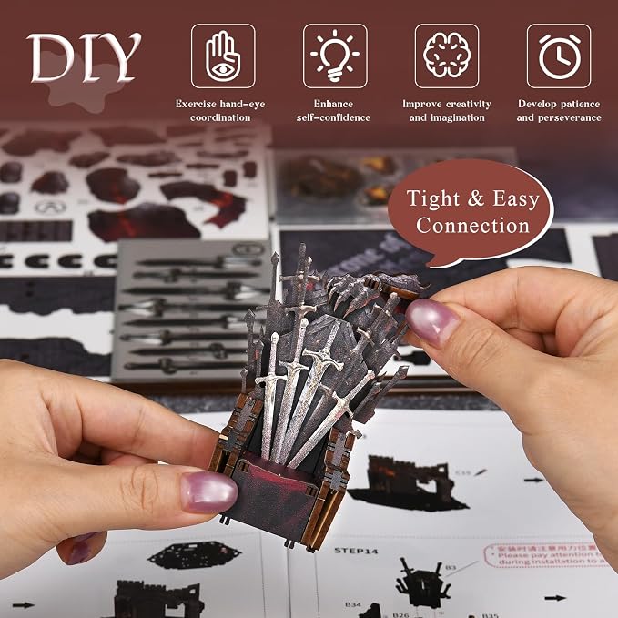 DIY Book Nook Kit Miniature House Dollhouse Kit, Book Nook Kits for Beginners, 3D Wooden Puzzle Booknook Bookend Bookshelf Decor Model Build with Dust Cover (Throne of Blades)