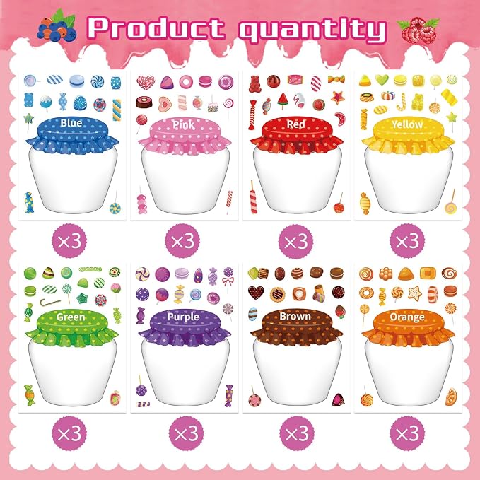 24 Sheets Candy Stickers Colorful, Make Your Own Sweets Jar Sticker for Kids, 8 Color Designs Candy Party Sweets Themed Dessert, Teacher Reward Decals for Home Classroom