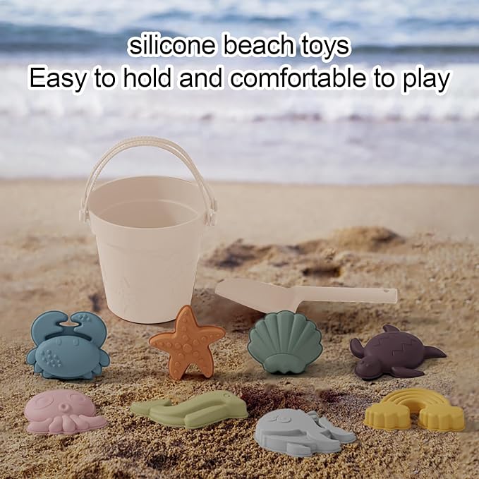 RoseFlower Silicone Sand Toys Set for Toddlers, Portable Travel Beach Sand Toys with Collapsible Bucket, Shovel, 8 Molds Dolphins, Starfish, Turtles & Mesh Storage Bag for Kids, Summer Gift-Beige