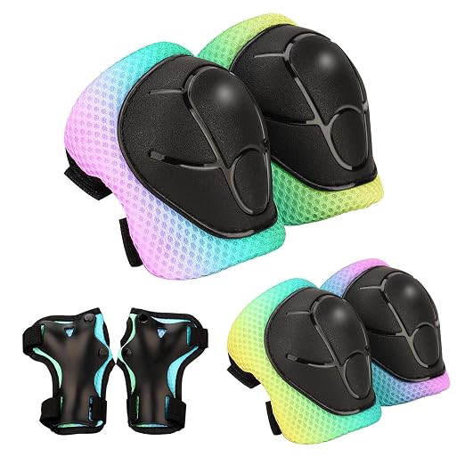Kids Protective Gear Set - Knee Pads Elbow Pads with Wrist Guards for Ages 3-12 | 3-in-1 Safety Protective Gear for Skating, Cycling, Biking, Roller Skates, Scooters (Yellow blue pink, ‎M(8-12Years))