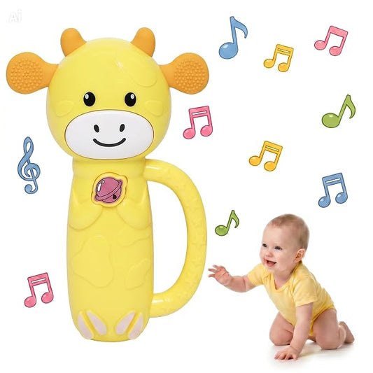 MooMoo Baby Musical Toy, 4‑in‑1 Light‑Up Sensory Toy & Teether for 3–24 Month Babies, BPA‑Free with Easy‑Grip Handle, Cute Cow‑Shaped Travel Toy for Car Seat & Stroller (Yellow)