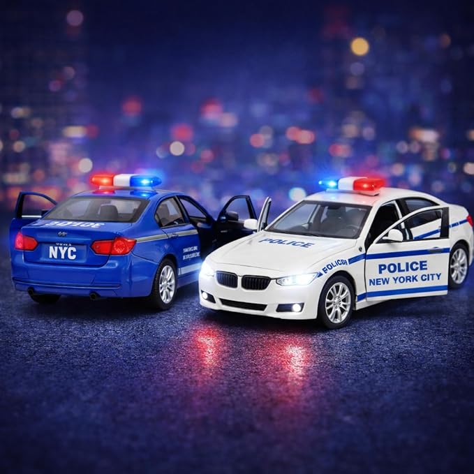 2 Pack Metal Diecast NY Police Cars Pull Back Battery Powered Toy Vehicles with LED Headlights and Siren Sounds 1:32 Scale