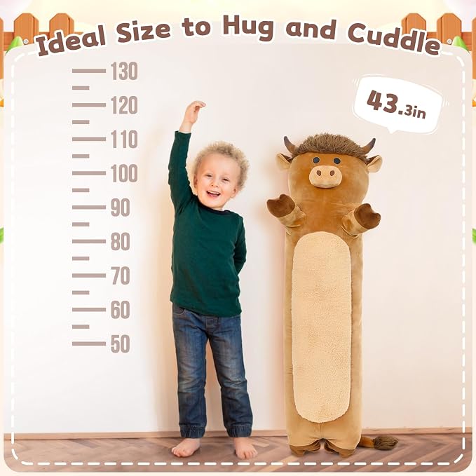Tezituor 43" Cute Highland Cow Stuffed Animal,Soft Long Cow Plush Pillow Gift for Kids Adults,Big Stuffed Cow Plush Toy for Sleeping Boys Girls