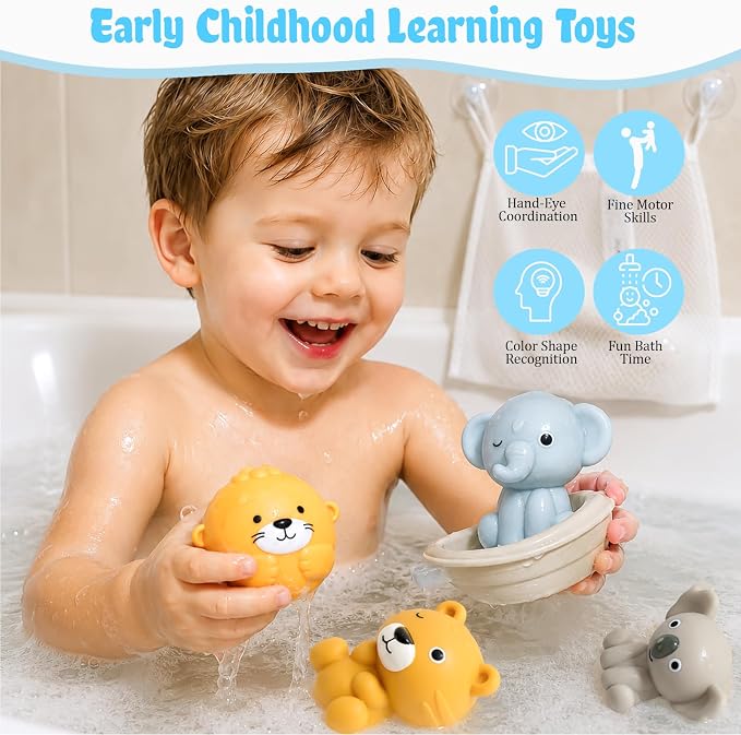 Otter Bath Toy for Toddlers 1-3, 12pcs No-Hole Bath Toys for Kids Interactive Basketball Hoop, Squeeze Animal Balls, Floating Boats, Fishing Net and Storage Bag Bathtub Pool Water Toys for Boys Girls
