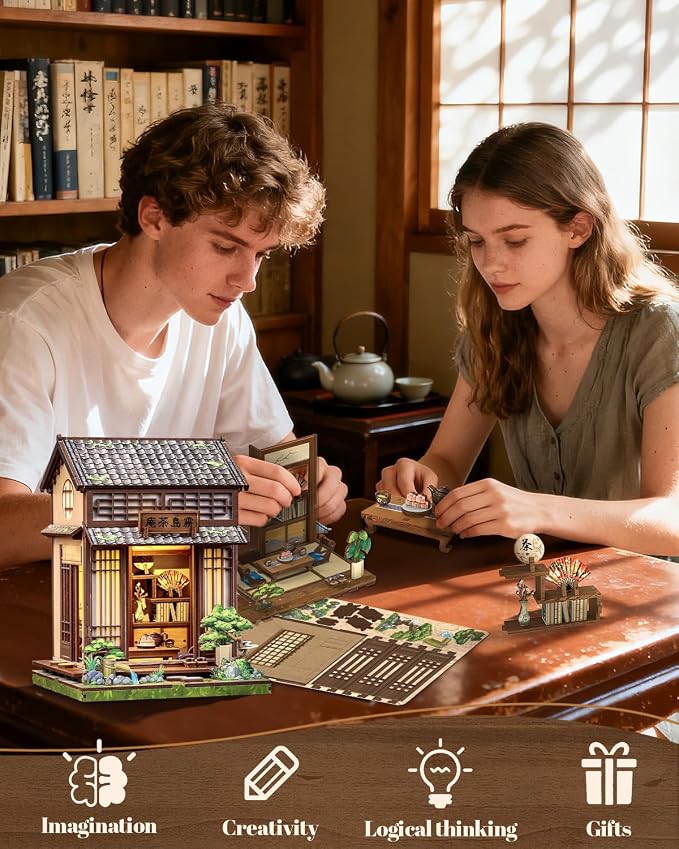 Cutefun Book Nook Kit - DIY Miniature Dollhouse Kit for Adults, Teens and Beginners, Japanese Tea Room Booknook Tiny House Bookshelf Decor 3D Wooden Puzzles, Gifts for Friends and Family (Tea House)