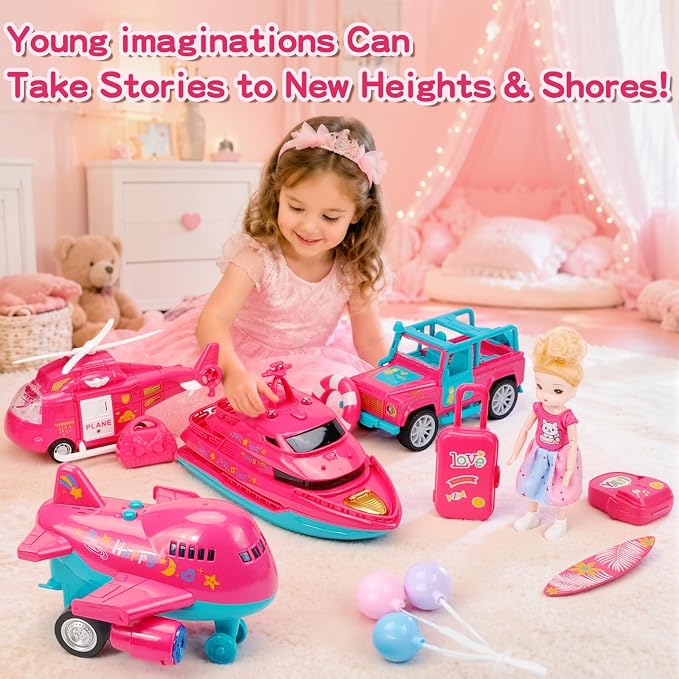 Pink Dream Travel Vehicles Playset Toys for Girls Age 3-6, Fashion Doll with Interactive Off-Road Car, Airplane, Boat & Helicopter, Lights & Sounds Pretend Play Beach Toys, Christmas & Birthday Gifts