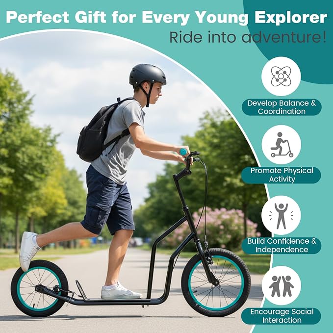 Costzon Big Wheels Kick Scooter for Kids 8+, Youth Scooter with Foldable & Height Adjustable Handlebar, Inflatable Shock Absorption Wheels, Dual Brakes for Teens, Adults, Max Load 220 LBS