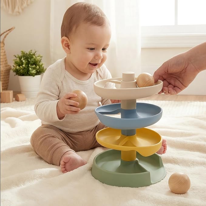 Little Rawr Silicone Ball Drop Tower Toy for Toddlers, 4-Tier Rolling Ramp Track with Wooden Balls, Soft Food-Grade Silicone Montessori Toy for Early Learning, Fine Motor Skill Development, Ages 1–3
