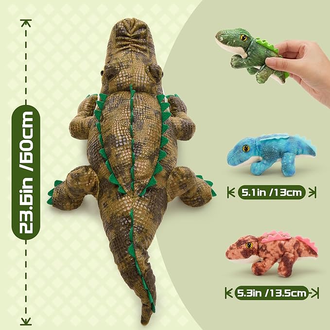 MorisMos Plush Alligator Stuffed Animal with Babies, 23.6'' Mommy Stuffed Alligator with 3 Baby Crocodile Animals & 3 Plush Eggs, Lifelike Crocodile Toys for Kid 3-5 Birthday Decor