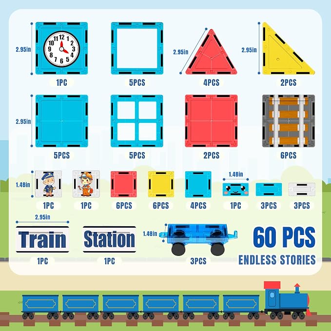SKTMYY Magnetic Tiles Train Toys, Train Station Magnet Tiles for Kids Ages 4-8 with Magnetic Tiles Cars, Preschool Classroom Educations STEM Learning Montessori Toys Gifts for Toddler Boys and Girls