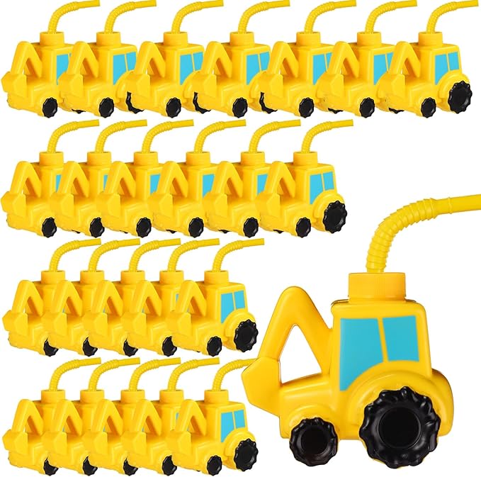 Tanlade 24 Set Excavator Truck Cups with Straws, Tractor Birthday Party Decorations 10 oz Plastic Excavator Shape Cup Reusable Cups Construction Themed Party Favor for Kids Construction Car