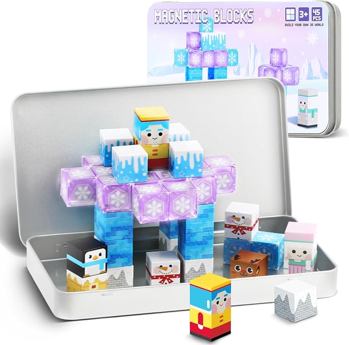 QOUBAI 45PCS Mini Magnetic Blocks Travel Toys, Magnet Building Cubes Tiles Set with Portable Iron Case, Learning Activities Gifts for Kids Toddlers Boys & Girls Ages 3-8 (Ice World)