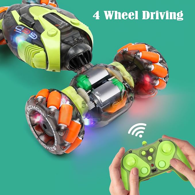FUNiOi Gesture Sensing RC Stunt Car - Remote & Hand-Controlled Drift Toy for Kids Ages 5-7 6-8 9 10 11 12 Year Old, 4WD, Double-Sided Driving with Lights & Music