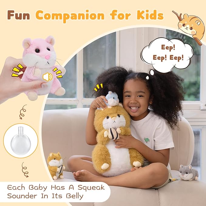 MorisMos Realistic Hamster Stuffed Animal with 4 Surprise Squeaky Babies - 13" Mama Plush Hamster Toy for Kids Girls Boys Birthday Christmas, Educational Family Role Play Gift for Birthday Christmas