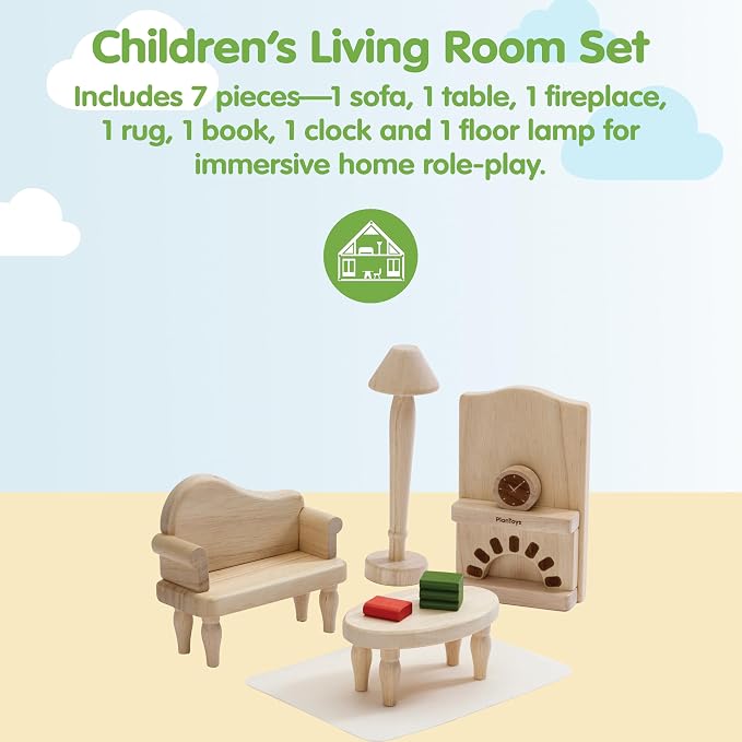 PlanToys® Wooden Victorian Living Room Set | Montessori Dollhouse Living Space for Social Interaction, Family Play & Imaginative Storytelling | Eco Friendly Wooden Dollhouse Living Room Furniture