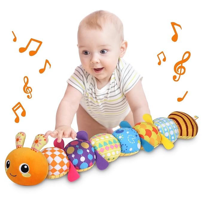 KMUYSL Baby Sensory Caterpillar Toys for 0-6 6-12 Months, Soft Plush Activity Toy with Crinkle, Rattle & Gentle Music, Tummy Time Toy for Infant Newborn, Early Development Toy Shower Gifts for Baby