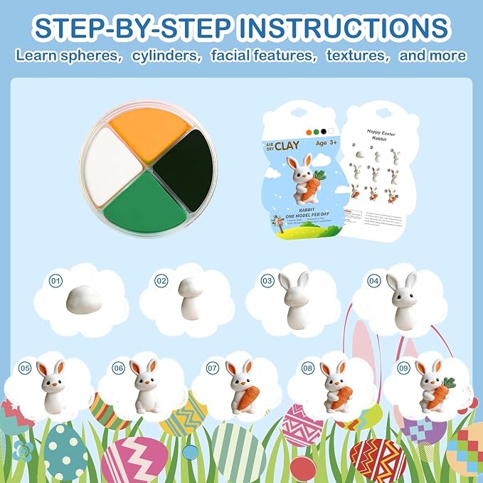 Easter Air Dry Clay for Kids,12 Boxes Modeling Magic Clay Kit with Sculpting Tools Tutorials, Safe & Non-Sticky DIY Craft Kit for Easter Basket Stuffers Gifts