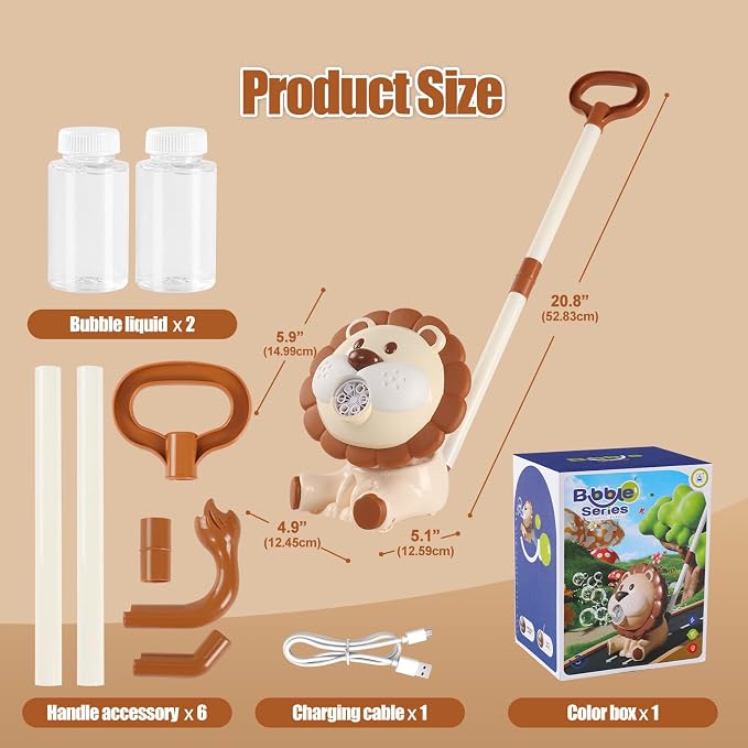 Lion Automatic Bubble Machine for Toddler Kid Toy 1 2 3 4 5 6 7 8 1yr Year Old Little Girl Boy Gift Lawn Mower Maker Blower Summer Outdoor Push Toys Rechargeable Easter Christmas Birthday Present
