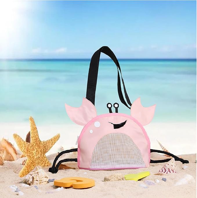 Kids Mesh Beach Bag, Cute Crab-Shaped Seashell Collecting Bag with Adjustable Strap for Holding Shell Beach Toy