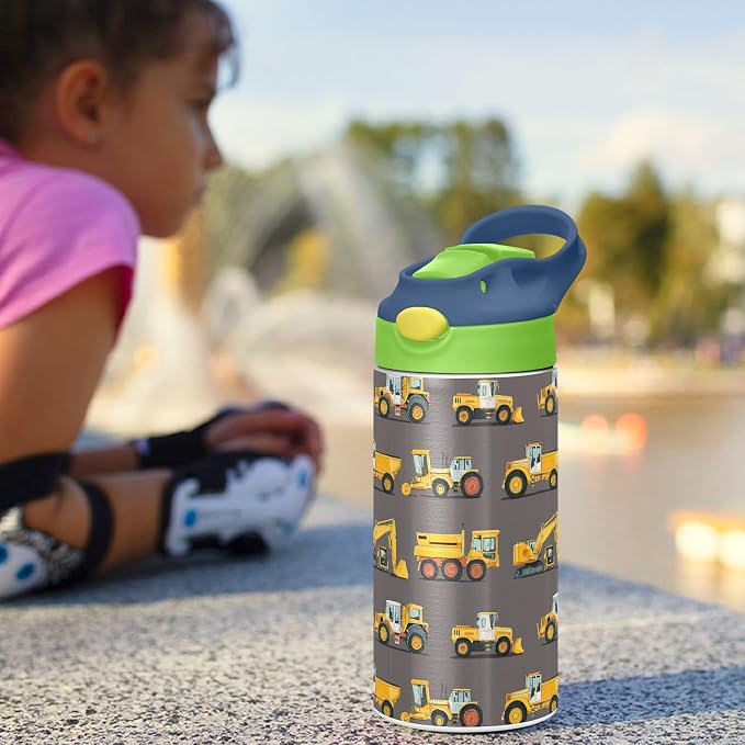 Boccsty Yellow Tractor Truck Kids Water Bottle with Straw Lid Car Insulated Stainless Steel Reusable Tumbler for Boys Girls Toddlers 12 oz Green