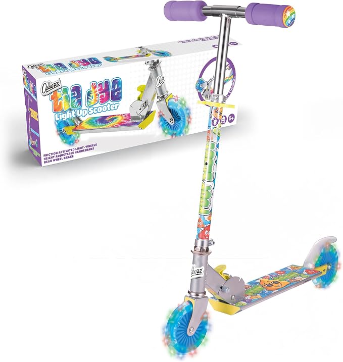 Ozbozz Tie Dye Foldable Scooter - Light UP Wheels - Ages 5 and up. Adjustable Handlebar Height 28.5" - 32.5"