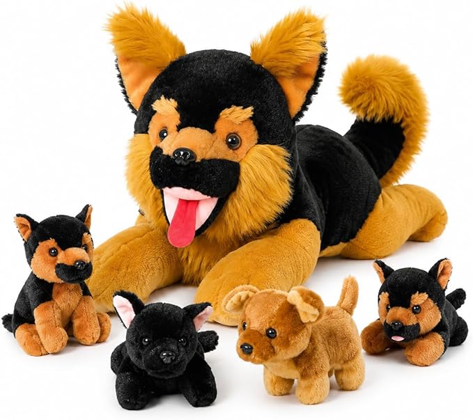 MaoGoLan 5Pcs Giant German Shepherd Dog Plush Toys with 4 Babies, Realistic Soft and Cuddly Stuffed Dog Puppies for Kids, Puppy Lovers