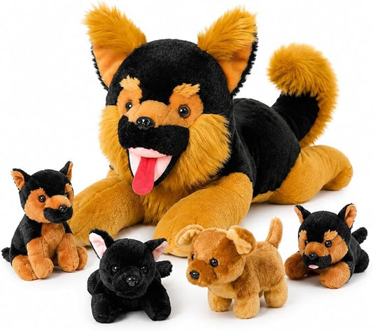MaoGoLan 5Pcs Giant German Shepherd Dog Plush Toys with 4 Babies, Realistic Soft and Cuddly Stuffed Dog Puppies for Kids, Puppy Lovers