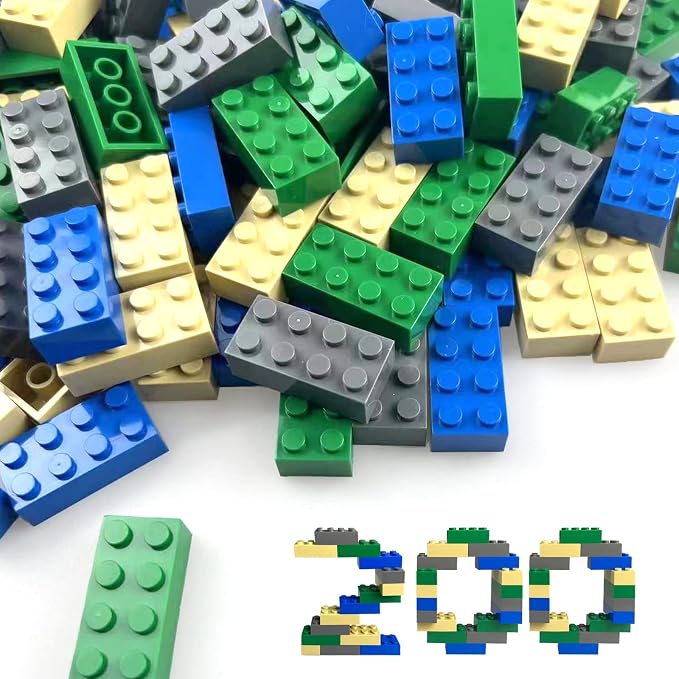 HUIZDQ 200 Piece Classic Small Building Bricks, 2x4 Building Blocks STEM Creative Building Toys, Blue, Gray, Green, Sand(Small Bricks, 1.25x0.62x0.47 in)
