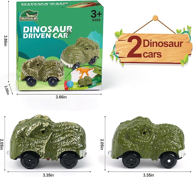 2-Pack Dinosaur Track Car Toy for Kids - Best Birthday Gifts for 3 4 5 6 7 Year Old Boys, LED Light-Up Dino Track Cars, Compatible with Most Dinosaur Race Track Sets