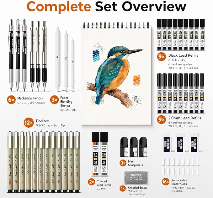 Nicpro 52PCS Art Drawing Supplies Kit, Metal Mechanical Pencil Set 0.5, 0.7, 0.9 & 2mm, 9x12 Sketch Book, 12 Fineliner Pens, 20 Tubes Leads, School Supplies Drawing Kit for Artist Adults Sketching