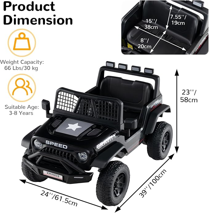 OLAKIDS 24V Ride on Car with Remote Control, Bluetooth, LED Lights, Horn, Spring Suspension, High/Low Speeds, Soft Start for Kids Aged 3+ (Black)