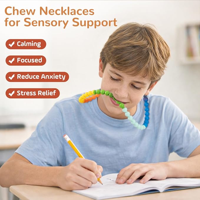 Chew Necklaces for Sensory Kids 2 Pack, One-Piece Silicone Sensory Chew Necklaces for Autism & ADHD, Chew Fidget Toys for Kids & Adults, Teething & Biting Necklace for Toddler Boys & Girls