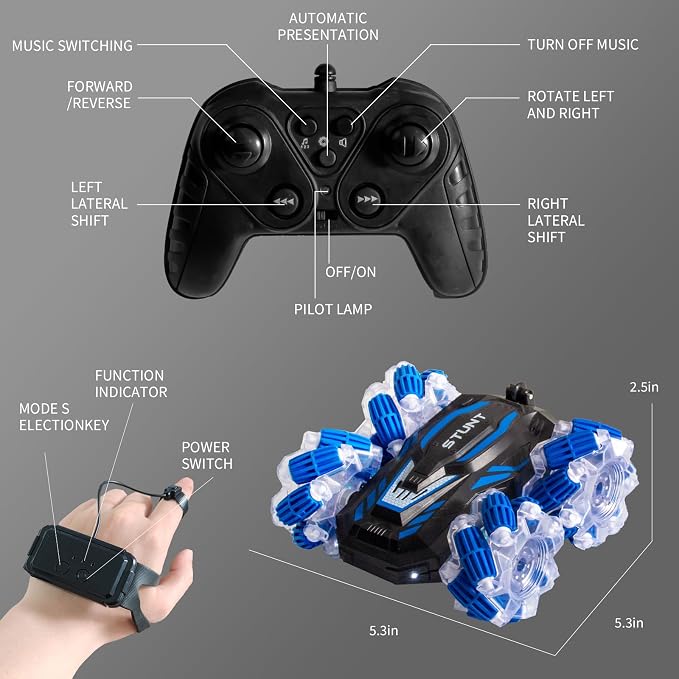 Remote Control Car, 4WD Gesture Sensing RC Stunt Car, Double Sided 360° flip, with Cool Lights and Music, Birthday Present Toys Car for Boys SND Girls Aged 5-12 (Blue)